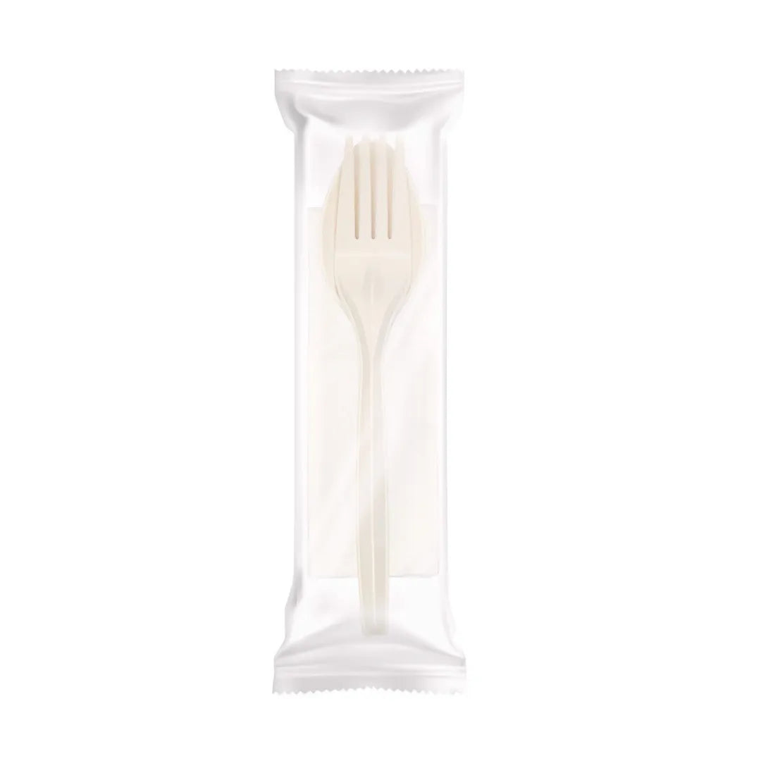 Fork, Spoon & Napkin 3in1 Cutlery Pack Eco-friendly Fork, Spoon & Napkin 3in1 Cutlery Pack is made from plant-based PLA and paper for an environmentally-friendly choice. Strong and sturdy construction, pleasant feel in hand.