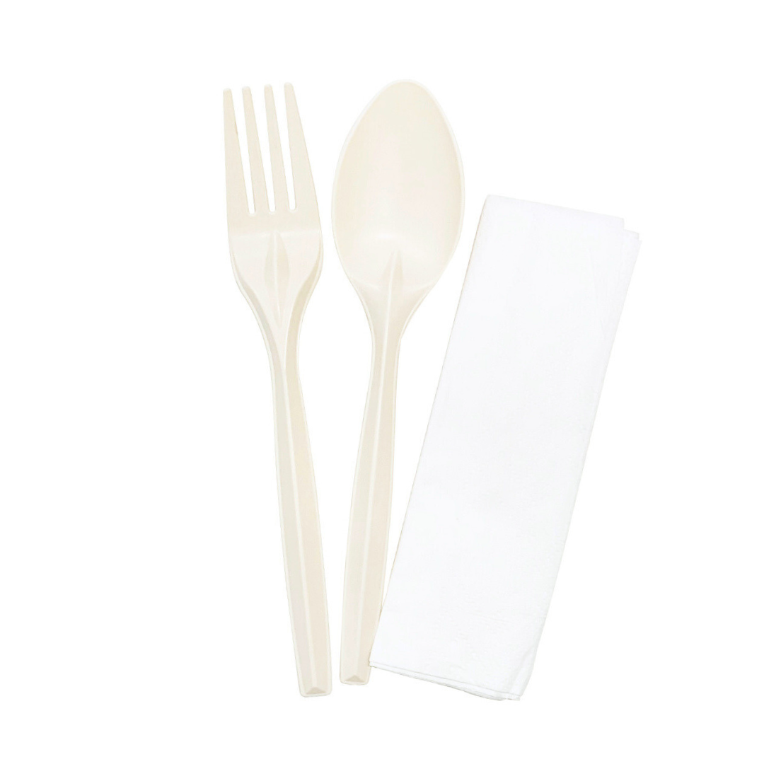 Eco-friendly Fork, Spoon & Napkin 3in1 Cutlery Pack is made from plant-based PLA and paper