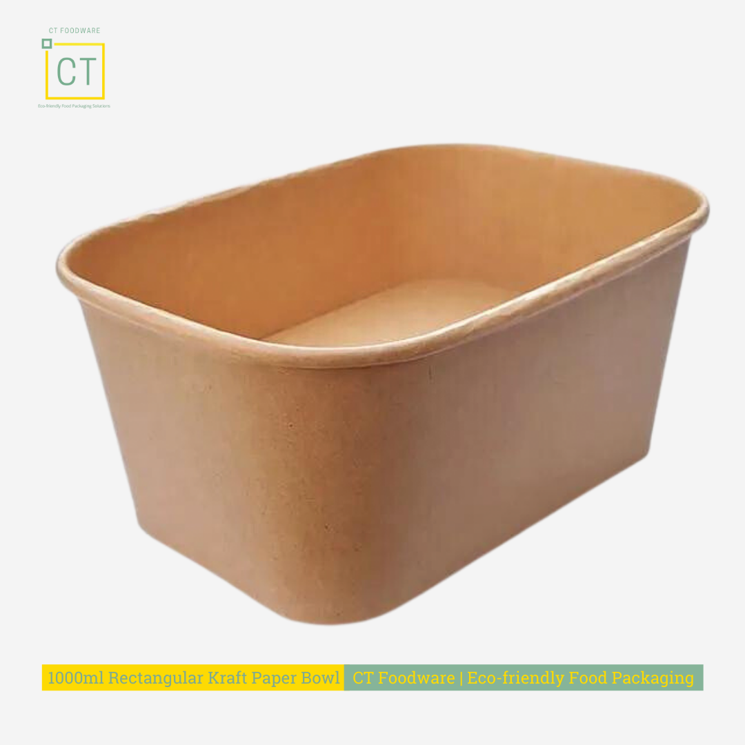 The 1000ml rectangular Kraft paper bowl is a versatile packaging solution for all your food serving requirements. It is suitable for both hot and cold meals and is an eco-friendly option, perfect for soup and greasy food. The bowl is compatible with rectangular PP and PET lids, which makes it more functional for food deliveries and takeaways.