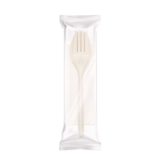 Knife, Fork & Napkin 3in1 Cutlery Pack Eco-friendly Knife, Fork & Napkin 3in1 Cutlery Pack is made from plant-based PLA and paper for an environmentally-friendly choice. Strong and sturdy construction, pleasant feel in hand. 
