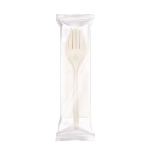 Fork, Spoon & Napkin 3in1 Cutlery Pack Eco-friendly Fork, Spoon & Napkin 3in1 Cutlery Pack is made from plant-based PLA and paper for an environmentally-friendly choice. Strong and sturdy construction, pleasant feel in hand. 