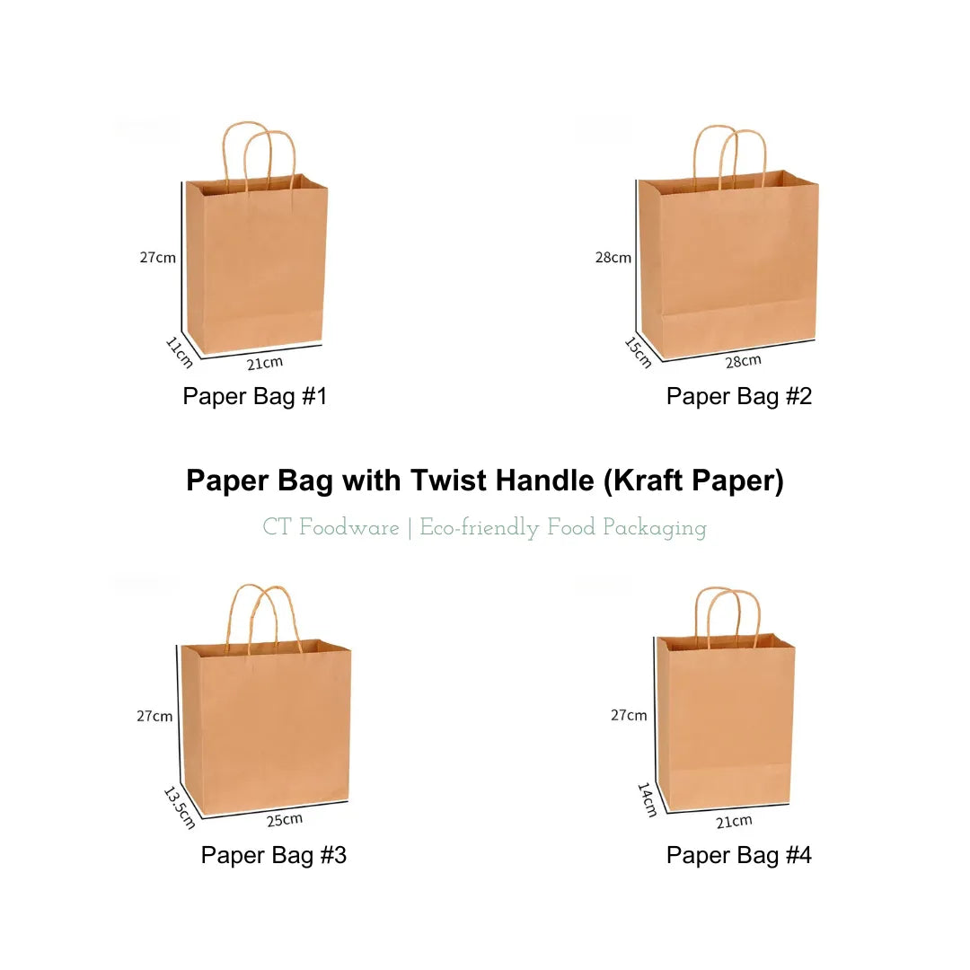 Kraft Paper Bag w/ Twist Handle (Brown) These kraft paper bags are strong, sturdy, and can be stored easily. The paper bag made from high-quality paper with reinforced twist handles is ideal for food delivery services, restaurants, and cafes. CT Foodware kraft paper bags are recyclable, compostable, and reusable. This is perfect for food delivery, takeaway and grocery. 